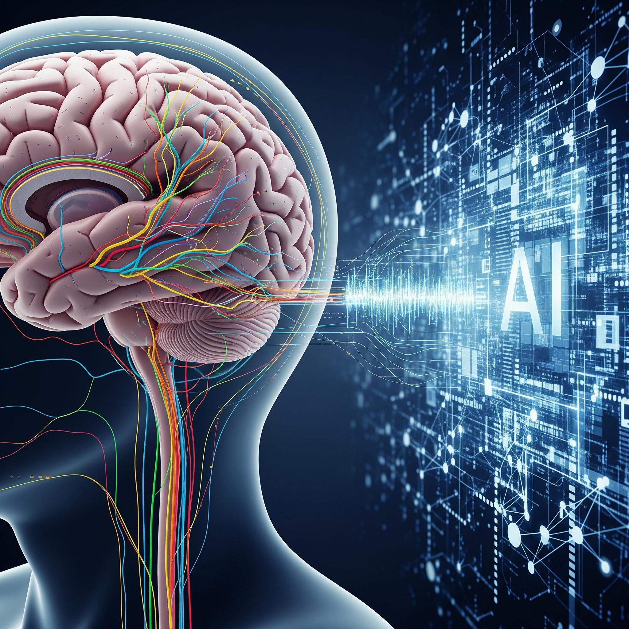 Illustration of an anatomical brain with nerve tracts running into a computational model.
