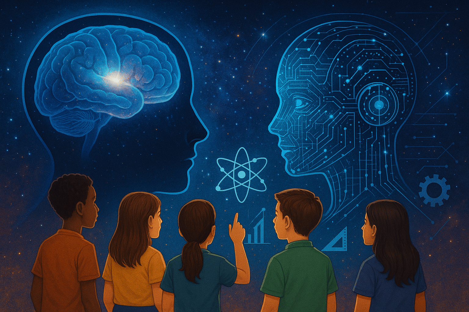 Illustration of two overlapping heads, one showing a brain and the other a circuit map, with people watching.